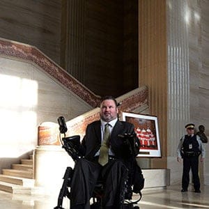 Conservative MP Steven Fletcher makes his way through the foyer of The Supreme Court of Canada in Ottawa on Friday morning, Feb. 6, 2015. The Supreme Court unanimously struck down the ban on providing a doctor-assisted death to mentally competent but suffering and "irremediable" patients. (Sean Kilpatrick/CP)