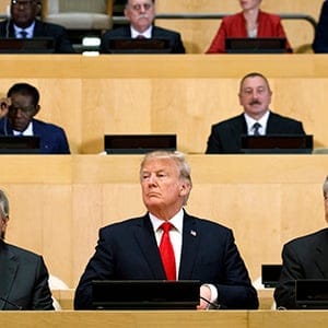 President Donald Trump participates in a photo before the beginning of the "Reforming the United Nations: Management, Security, and Development" meeting during the United Nations General Assembly, Monday, Sept. 18, 2017, at U.N. headquarters. (AP Photo/Evan Vucci)