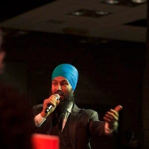 Leadership contender Jagmeet Singh turns to supporters as he takes to the stage before speaking at the NDP's Leadership Showcase in Hamilton, Ont. on Sunday September 17 , 2017. THE CANADIAN PRESS/Chris Young
