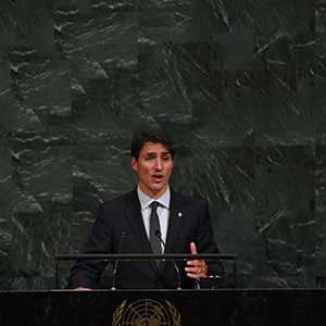 Justin Trudeau, Prime Minister of Canada speaks during the 72nd session of the General Assembly at the United Nations in New York on September 21,2017. / AFP PHOTO / TIMOTHY A. CLARY (Photo credit should read TIMOTHY A. CLARY/AFP/Getty Images)