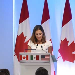 MEXICO CITY, MEXICO - 2017/09/05: (L-R) Minister of Foreign Affairs of Canada Chrystia Freeland, Mexico's Secretary of Economy Ildefonso Guajardo Villarreal and United States Trade Representative Robert Lighthizer speaks during the press conference of NAFTA Negotiations. The NAFTA (North American Free Trade Agreement) is an agreement signed by the United States, Canada and Mexico, to create a trilateral trade bloc between those 3 countries in North America. (Photo by Carlos Tischler/SOPA Images/LightRocket via Getty Images)