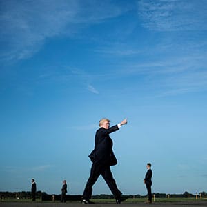US President Donald Trump walks towards Air Force One to board the plane at Morristown Municipal Airport on September 22, 2017 in Morristown, New Jersey.
Trump is on his way to Huntsville, Alabama, where he will speak at a rally for Sen. Luther Strange. (Brendan Smialowski/AFP/Getty Images)