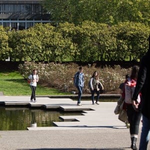 Students walk around on campus at Simon Fraser University in Burnaby. (Photograph by Della Rollins)