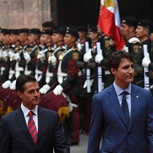 President of Mexico Enrique Pena Nieto and Canada's Prime Minister Justin Trudeau are seen during the Welcoming ceremony at National Palace on October 12, 2017 in Mexico City, Mexico. (Carlos Tischler/NurPhoto/Getty Images)