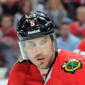 CHICAGO, IL- DECEMBER 30: Steve Montador #5 of the Chicago Blackhawks watches for the puck during the NHL game against the Detroit Red Wings on December 30, 2011 at the United Center in Chicago, Illinois. (Photo by Bill Smith/NHLI via Getty Images)