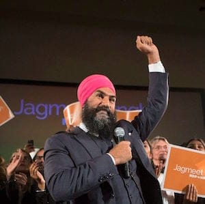 Jagmeet Singh celebrates with supporters after winning the first ballot in the NDP leadership race to be elected the leader of the federal New Democrats in Toronto on Sunday, October 1, 2017. THE CANADIAN PRESS/Chris Young