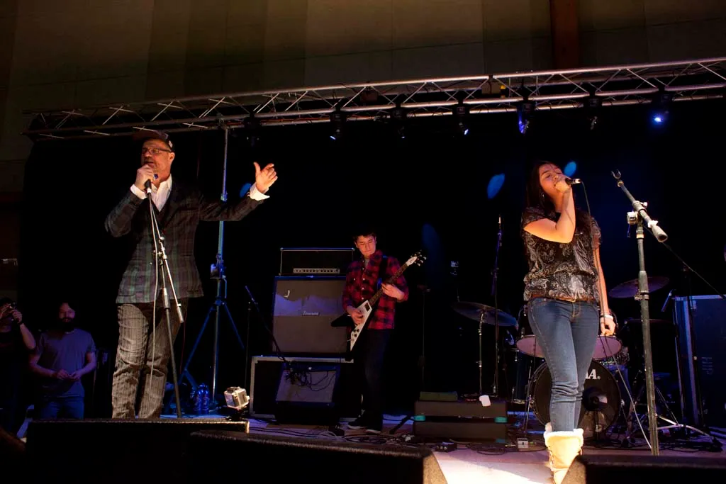 Gord Downie performs with Northern Revolution during the Great Moon Gathering in February 2016, a conference on Native education in Fort Albany. (Photograph by Andrew Tolson)