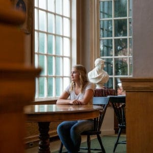 St. Francis Xavier student Janie Craig on campus in Antigonish, Nova Scotia. Craig is in her second year and is majoring in both arts and science. (Photograph by Mikaela MacKenzie)