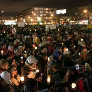 Quebecers gather to pay respect to the victims of terror attack at a mosque in Canada's Quebec City which left 6 people killed and 8 wounded, on January 30, 2017 in Quebec, Canada. (Amru Salahuddien/Anadolu Agency/Getty Images)