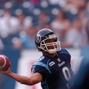 Toronto Argonauts QB Damon Allen unloads downfield during CFL action at the 2005 home opener between Toronto and the BC Lions at the Rogers Centre.
(Rick Madonik/Toronto Star)