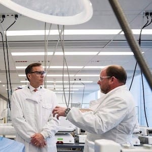 President and CEO of CCRM Michael May, right, gives Finance Minister Bill Morneau, Ontario Research, Innovation and Science Minister Reza Moridi and Toronto Mayor John Tory a tour of the Vector Institute at the MaRS Discovery District, in Toronto on Thursday, March 30, 2017. THE CANADIAN PRESS/Christopher Katsarov