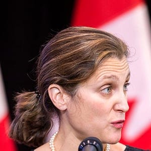 Foreign Affairs Minister Chrystia Freeland speaks to the media as she arrives for the first day of a cabinet retreat in London, Ontario on Thursday, January 11, 2018. The meeting comes a day after the loonie and Mexican peso plunged after reports that the Canadian government is more convinced than ever that President Donald Trump is poised to serve notice that he's pulling the US out of the North American Free Trade Agreement. THE CANADIAN PRESS/Geoff Robins