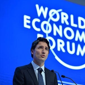 DAVOS, SWITZERLAND - JANUARY 20: Canadian Prime Minister Justin Trudeau delivers a speech during the World Economic Forum, in Davos, Switzerland, on January 20, 2016. (Photo by Dursun Aydemir/Anadolu Agency/Getty Images)