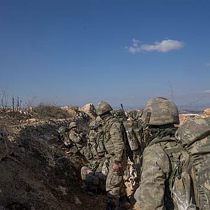 AFRIN, SYRIA -JANUARY 28: Turkish soldiers are seen after Turkish military aircrafts hit PYD/PKK terror group targets and secure the mountain within the 'Operation Olive Branch' launched in Syria's Afrin, on January 28, 2018. Turkey launched Operation Olive Branch on January 20 in Syrias northwestern Afrin region; the aim of the operation is to establish security and stability along Turkish borders and the region as well as to eliminate PKK/KCK/PYD-YPG and Daesh terror groups, and protect the Syrian people from the oppression and cruelty of terrorists.
(Photo by Emin Sansar/Anadolu Agency/Getty Images)