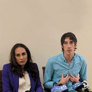 James Damore, right, a former Google engineer fired in 2017 after writing a memo about the biological differences between men and women, speaks at a news conference while his attorney, Harmeet Dhillon, listens, Monday, Jan. 8, 2018, in San Francisco. Damore discussed his lawsuit alleging that Google discriminates against workers with conservative opinions. (Michael Liedtke/AP/CP)