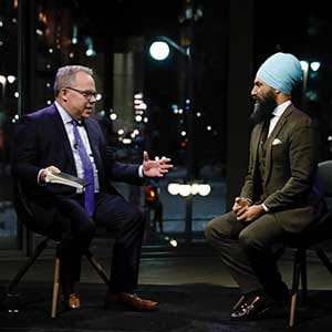 NDP leader Jagmeet Singh and Paul Wells in conversation at the Maclean's Live event at Ottawa's National Arts Centre on February 8, 2018