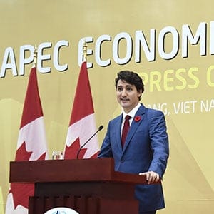 Canada's Prime Minister Justin Trudeau speaks at a press conference at the conclusion of the Asia-Pacific Economic Cooperation (APEC) Summit in the central Vietnamese city of Danang on November 11, 2017.
World leaders and senior business figures gathered in the Vietnamese city of Danang this week for the annual 21-member APEC summit.
/ AFP PHOTO / LILLIAN SUWANRUMPHA (Photo credit should read LILLIAN SUWANRUMPHA/AFP/Getty Images)