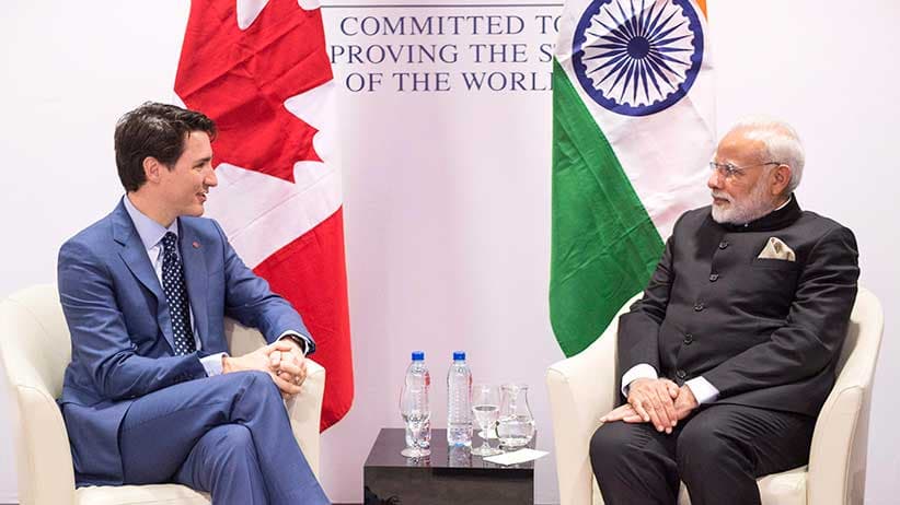 Canadian Prime Minister Justin Trudeau meets with Indian Prime Minister Narendra Modi at the World Economic Forum in Davos in January 2018