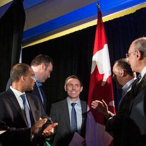 Ontario Conservative leadership candidate Patrick Brown is greeted by supporters as he takes to the stage to address supporters and the media in Toronto on Sunday, February 18, 2018. The former party leader resigned his position after sexual misconduct allegations, only to re-enter race for his vacated position after refuting the allegations. THE CANADIAN PRESS/Chris Young