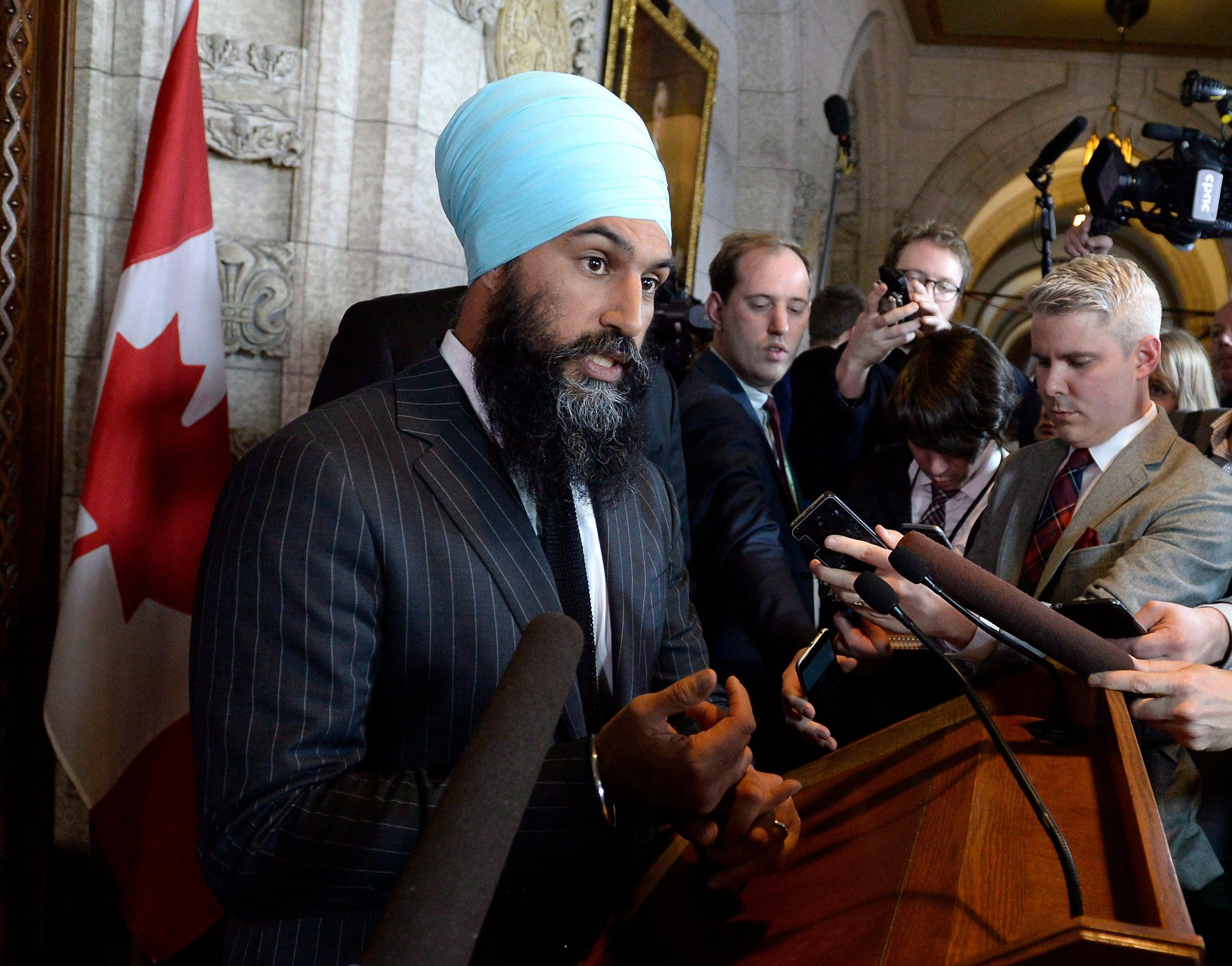 NDP Leader Jagmeet Singh speaks to reporters following the tabling of the budget in the House of Commons on Parliament Hill in Ottawa on Tuesday, Feb. 27, 2018. (THE CANADIAN PRESS/Justin Tang)