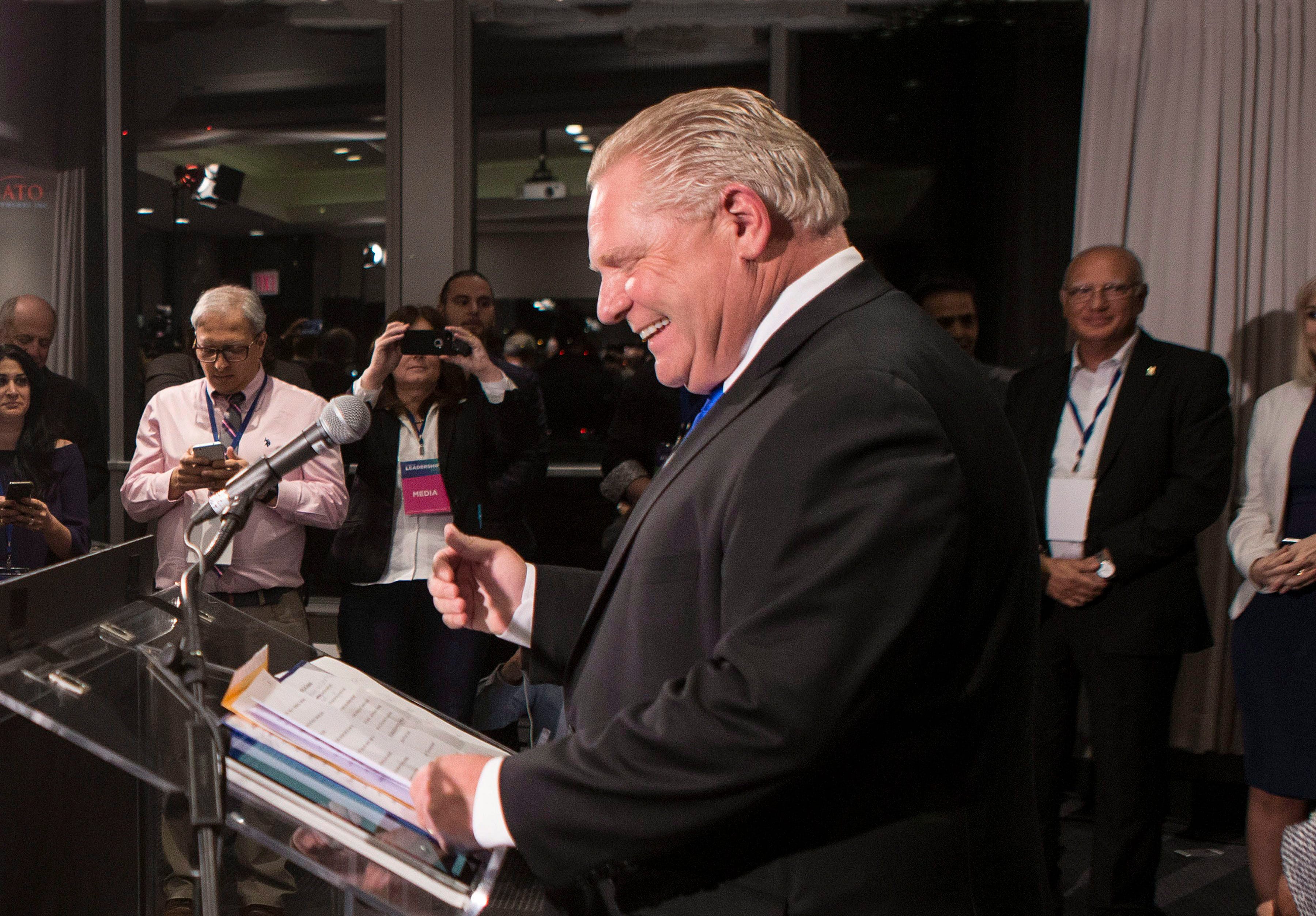 Doug Ford greets the media after being named as the newly elected leader of the Ontario Progressive Conservatives at the delayed Ontario PC Leadership announcement in Markham, Ont., on Saturday, March 10, 2018. THE CANADIAN PRESS/Chris Young