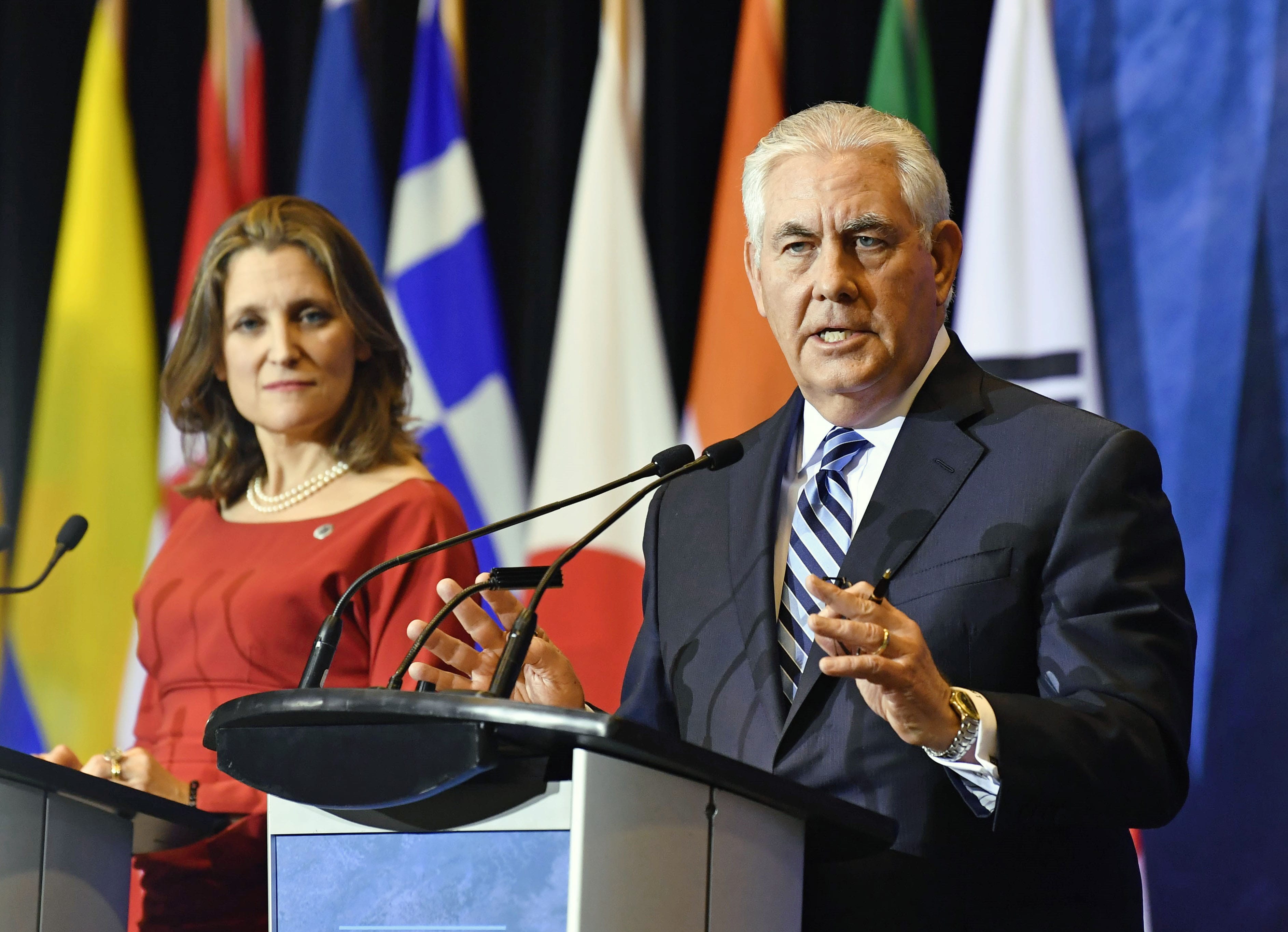 Foreign Minister Chrystia Freeland and U.S. Secretary of State Rex Tillerson hold a joint press conference after their talks in Vancouver on Jan. 16, 2018. (Photo by Kyodo News via Getty Images)