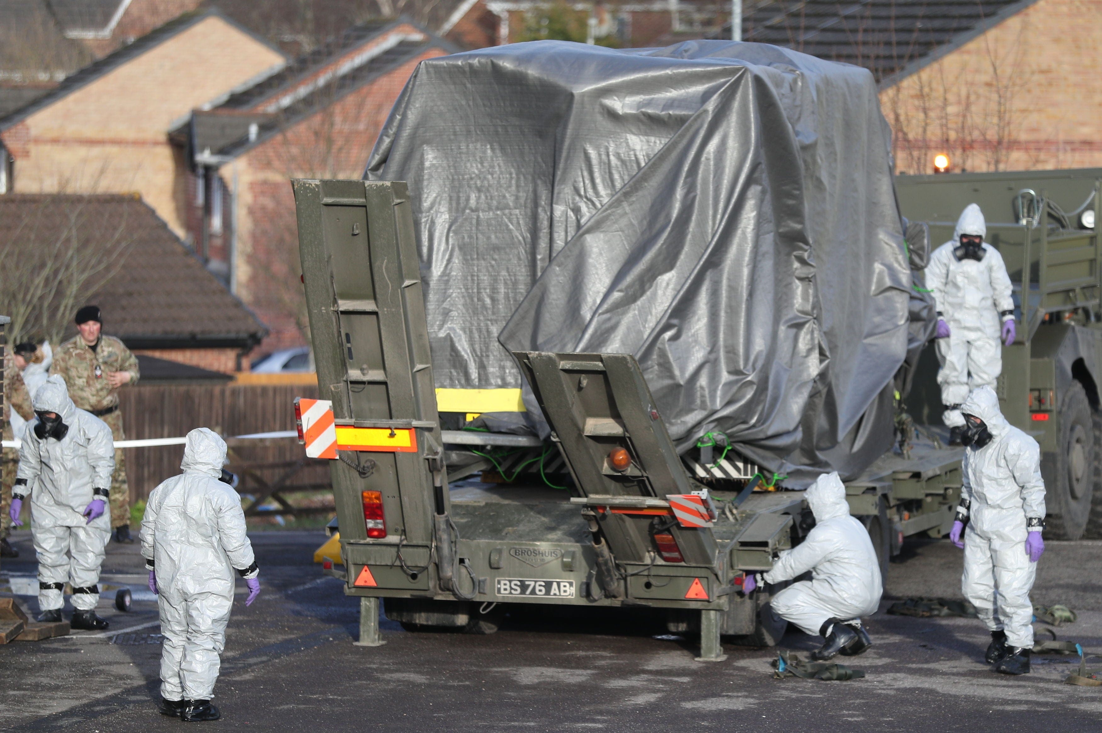 Military personnel load an ambulance on to a truck in Harnham, near Salisbury, as police probe the suspected nerve agent attack on Russian double agent Sergei Skripal. (Photo by Andrew Matthews/PA Images via Getty Images)