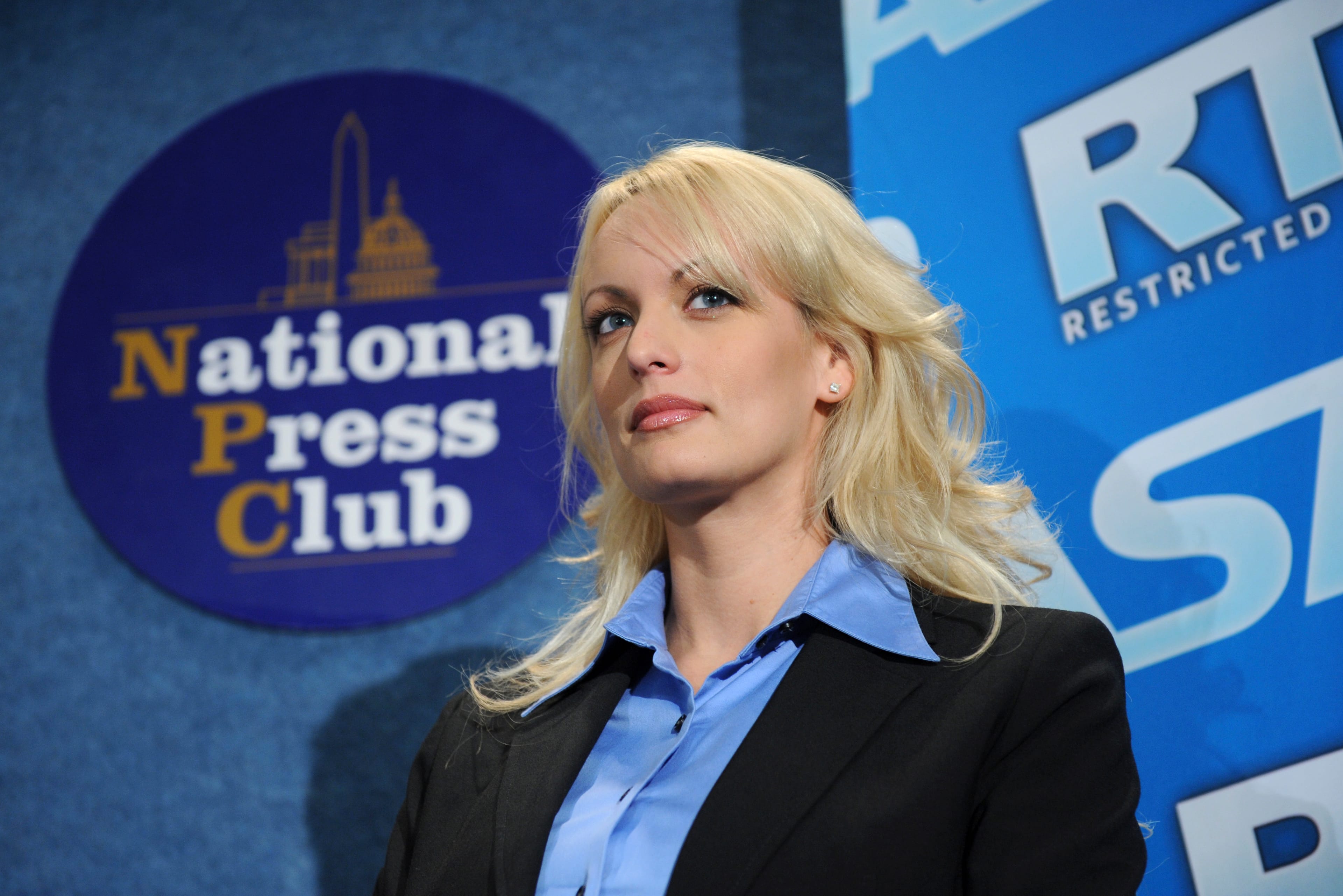 Stormy Daniels appeared at a news conference on May 29, 2008, to tout the success of the Restricted to Adults (RTA) website and other efforts by the adult film industry to protect children from inappropriate material. (Photo By Tom Williams/Roll Call/Getty Images)