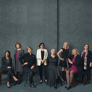 Left to right: Bardish Chagger, Karen Vecchio, Nikki Ashton, Patty Hajdu, Catherine McKenna, Marilyn Gladu, and Elizabeth May. (Photograph by Jessica Deeks)