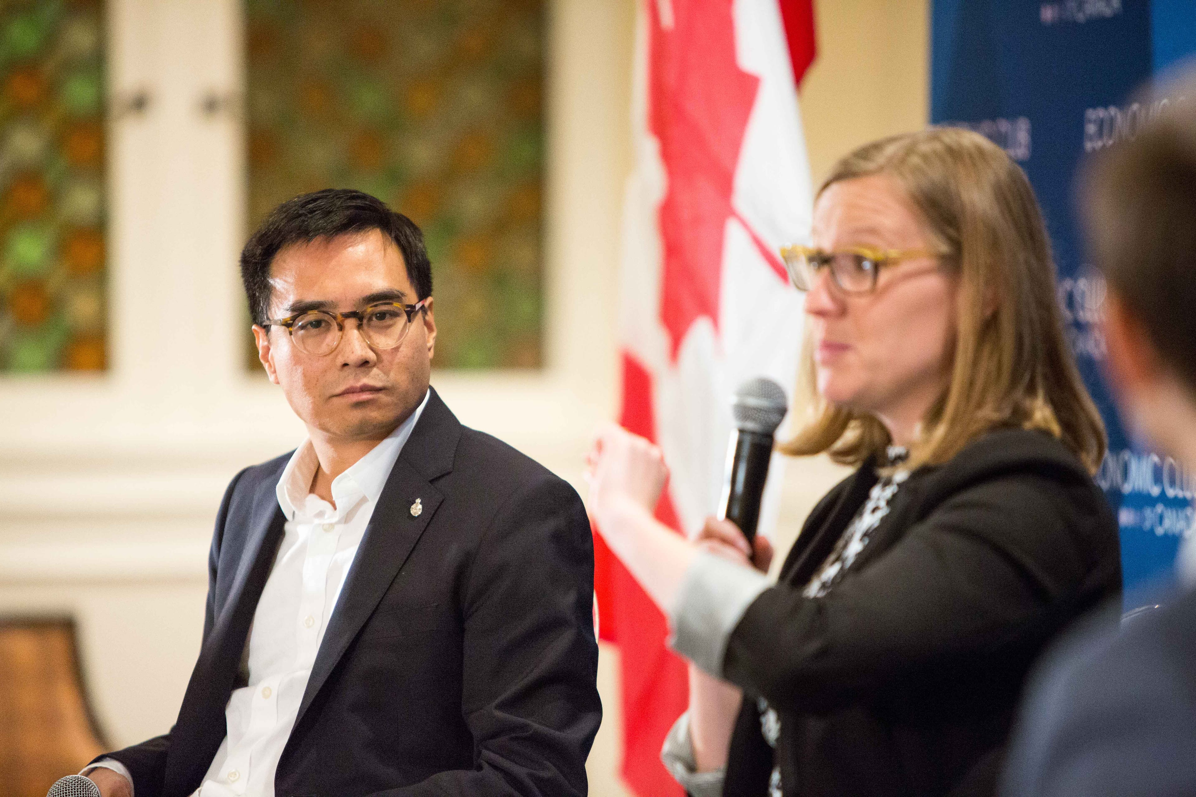 Facebook Canada's Kevin Chan listens as federal Democratic Institutions Minister Karina Gould speaks at an Economic Club of Canada event on Oct. 19, 2017 in Ottawa. (Alex Tétreault/National Observer)