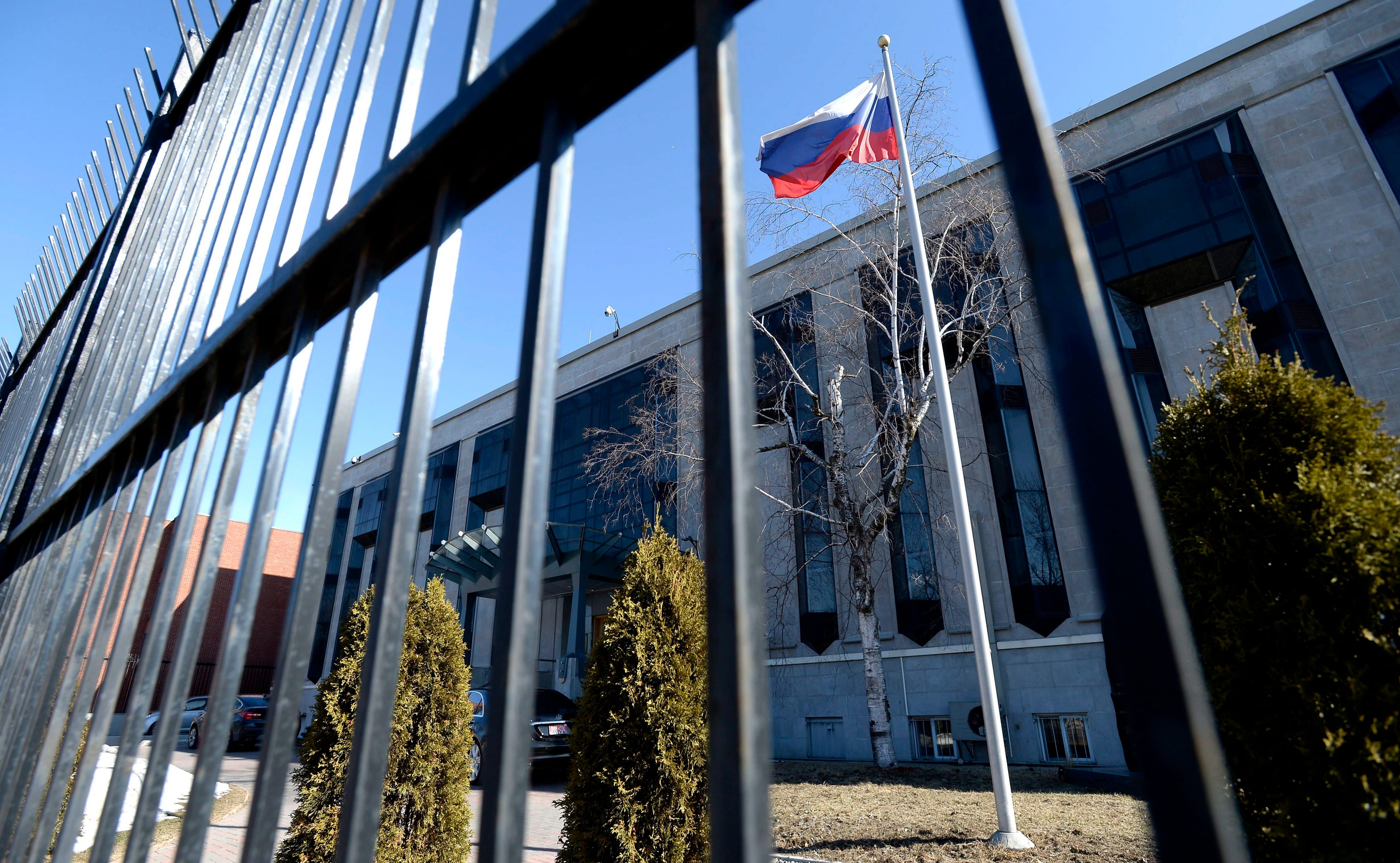 The flag flies outside the Russian embassy in Ottawa on Monday, March 26, 2018. (Photo: Justin Tang/CP)