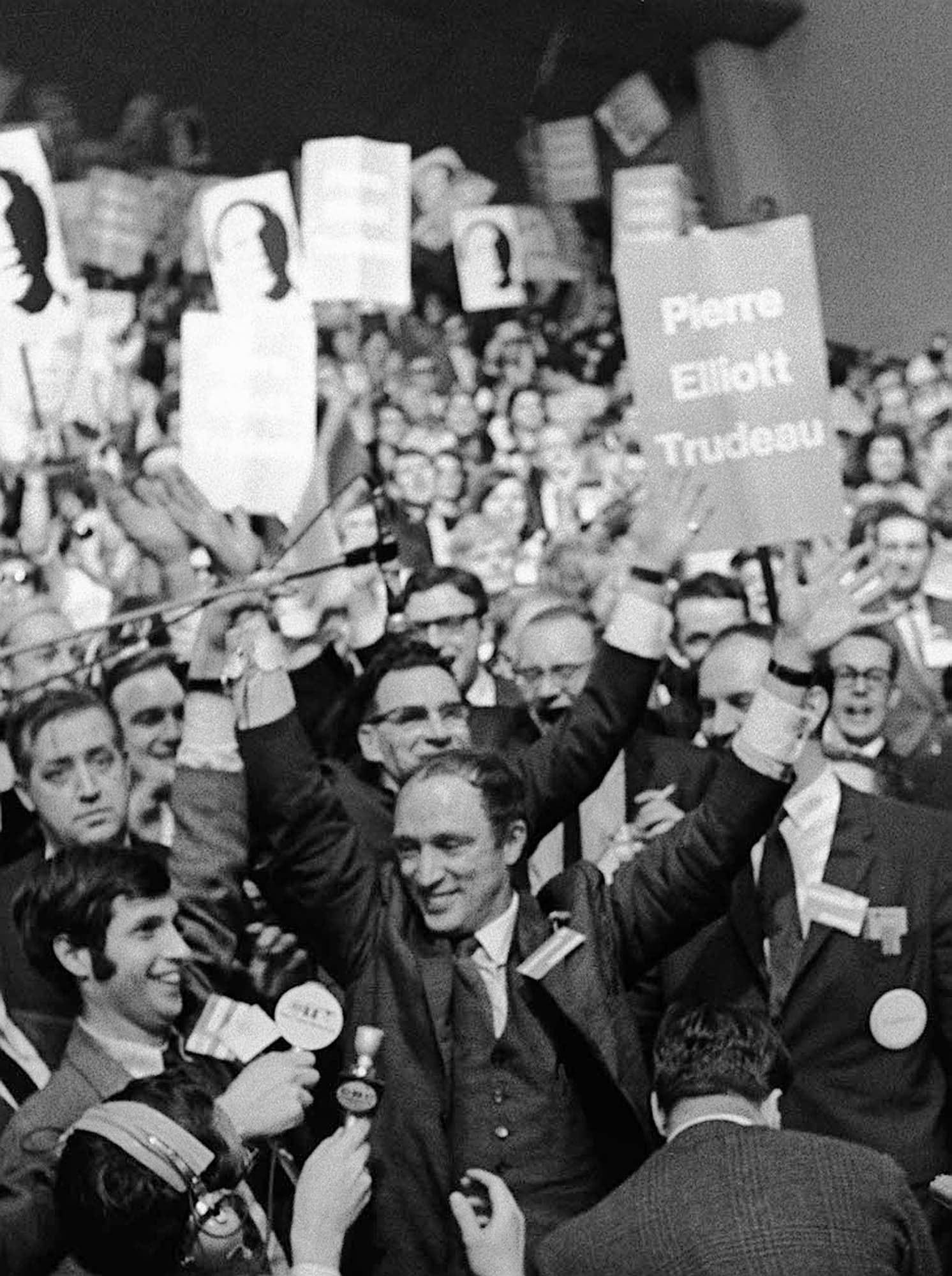 It was Trudeau by a nose in the fourth at the Liberal leadership convention at Ottawa, Saturday. Justice Minister Pierre Elliott Trudeau, 46, got 1203 votes--a few more than the required majority--on the fourth ballot. (Peter Bregg/CP)