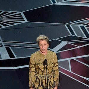 Frances McDormand accepts the award for best performance by an actress in a leading role for "Three Billboards Outside Ebbing, Missouri" as Jennifer Lawrence and Jodie Foster look on from right at the Oscars on Sunday, March 4, 2018, at the Dolby Theatre in Los Angeles. (Photo by Chris Pizzello/Invision/AP)