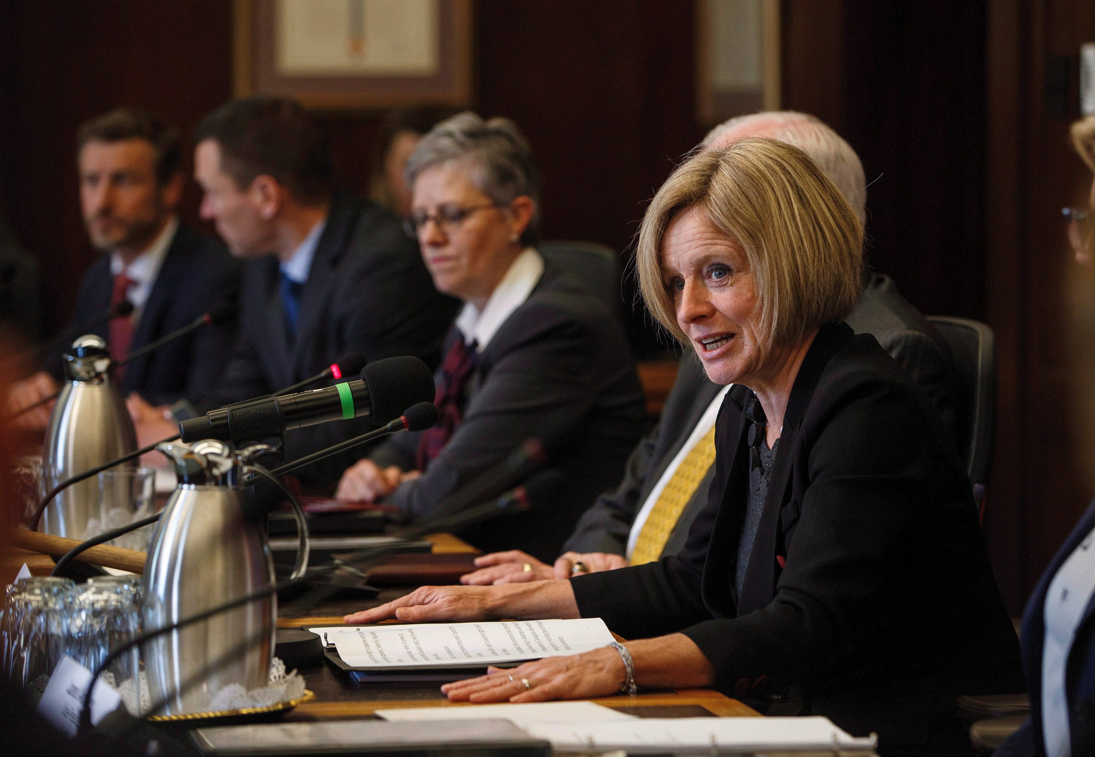 Alberta Premier Rachel Notley makes remarks before the first meeting of the Market Access Task Force, convened to respond to B.C. in the fight over the Trans Mountain oil pipeline, in Edmonton Alta, on Wednesday February 14, 2018. THE CANADIAN PRESS/Jason Franson