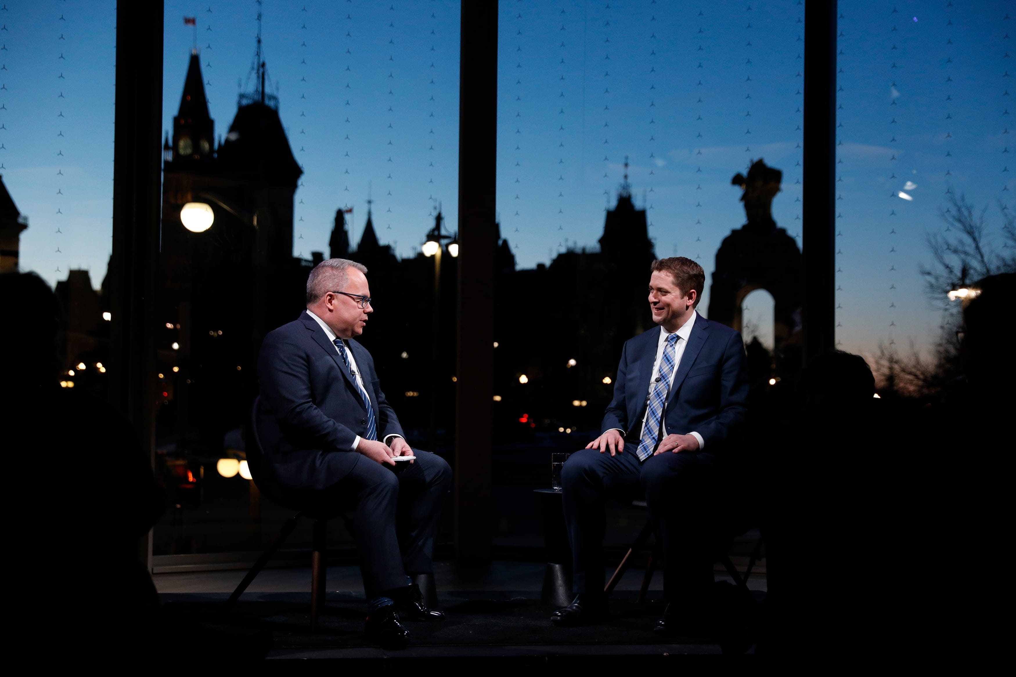 Conservative Party of Canada leader Andrew Scheer in conversation with Paul Wells at the National Arts Centre in Ottawa March 20, 2018. Photograph by Blair Gable