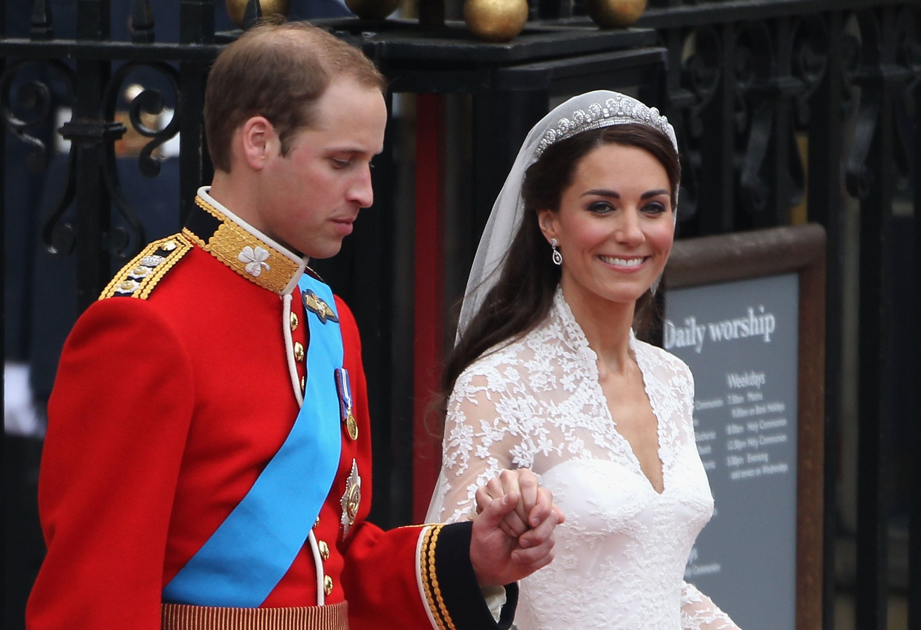 LONDON, ENGLAND - APRIL 29: Their Royal Highnesses Prince William, Duke of Cambridge and Catherine, Duchess of Cambridge exit following their marriage at Westminster Abbey on April 29, 2011 in London, England. The marriage of the second in line to the British throne was led by the Archbishop of Canterbury and was attended by 1900 guests, including foreign Royal family members and heads of state. Thousands of well-wishers from around the world have also flocked to London to witness the spectacle and pageantry of the Royal Wedding. (Photo by Dan Kitwood/Getty Images)