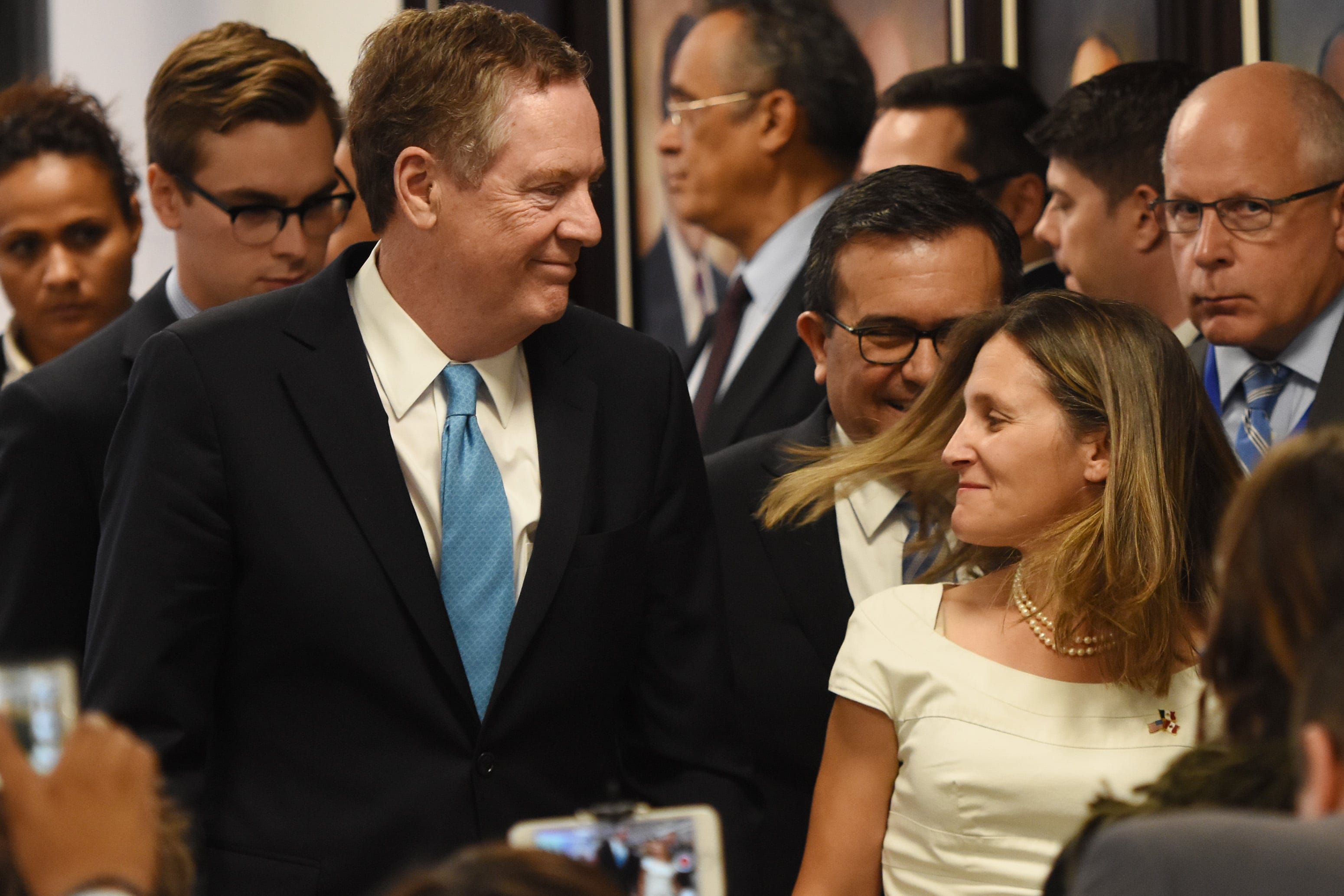 Chrystia Freeland, and U.S. Trade Representative Robert Lighthizer at the finish of a press conference at the Second Round of NAFTA Negotiations on Sept. 5, 2017 in Mexico City, Mexico (Photo by Carlos Tischler/NurPhoto via Getty Images)