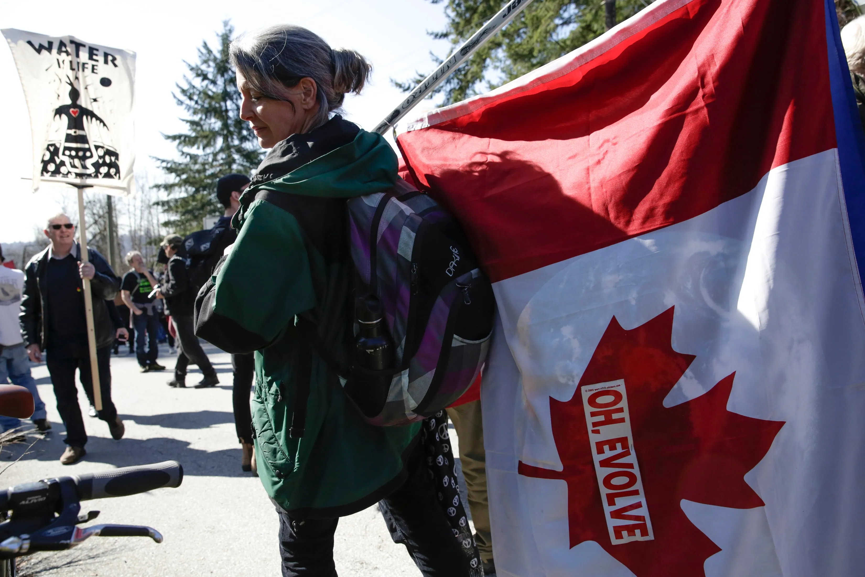 Protestors demonstrate against the expansion of Kinder Morgan's Trans Mountain pipeline project in Burnaby, B.C. on March 10, 2018. (JASON REDMOND/AFP/Getty Images)