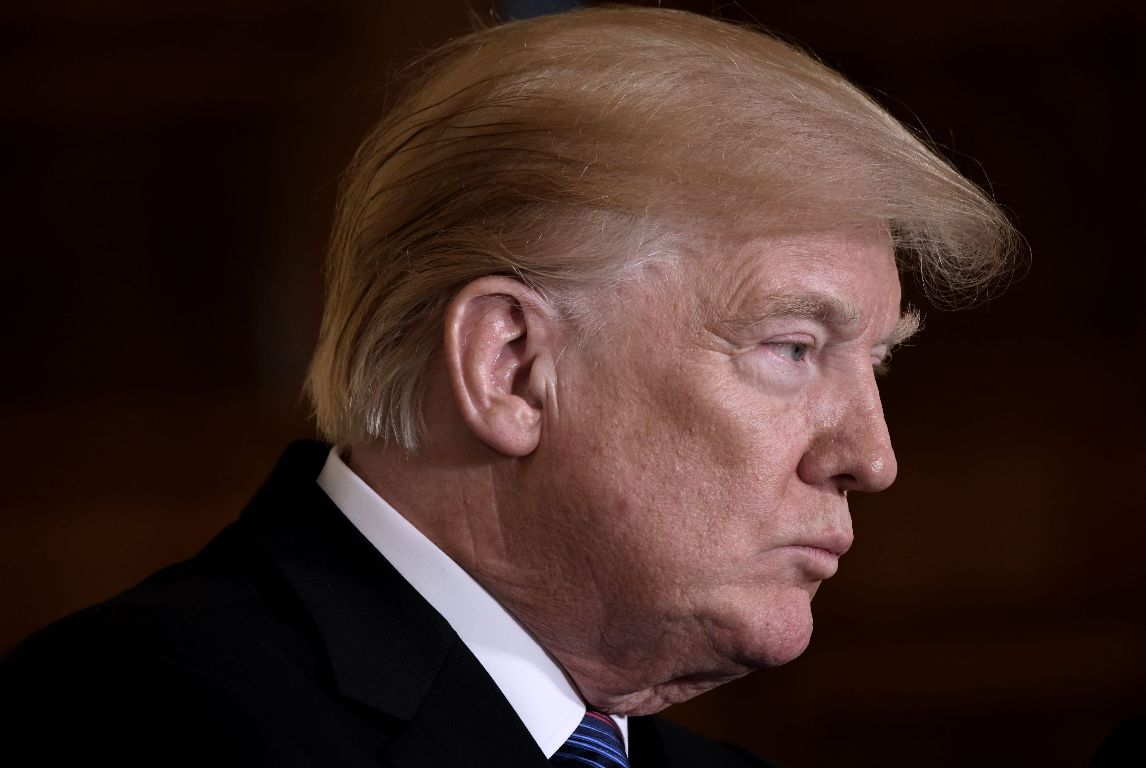 U.S. President Donald Trump looks on during a joint press conference with the presidents of the Baltic states at the White House on April 3, 2018 in Washington, DC. (OLIVIER DOULIERY/AFP/Getty Images)