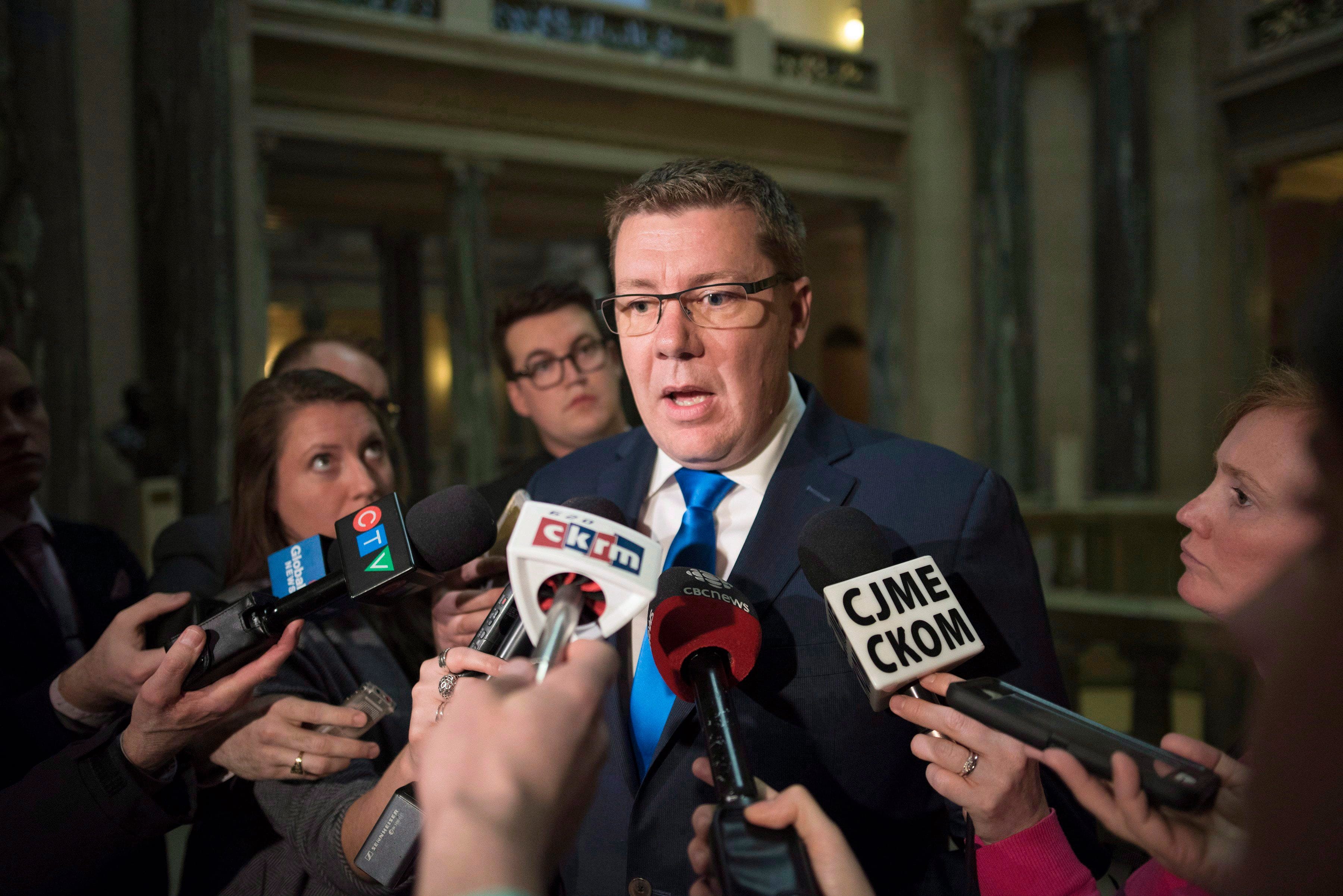 Saskatchewan Premier Scott Moe speaks to media after a meeting with Prime Minister Justin Trudeau at the Legislative Building in Regina on Friday, March 9, 2018. (Michael Bell/CP)