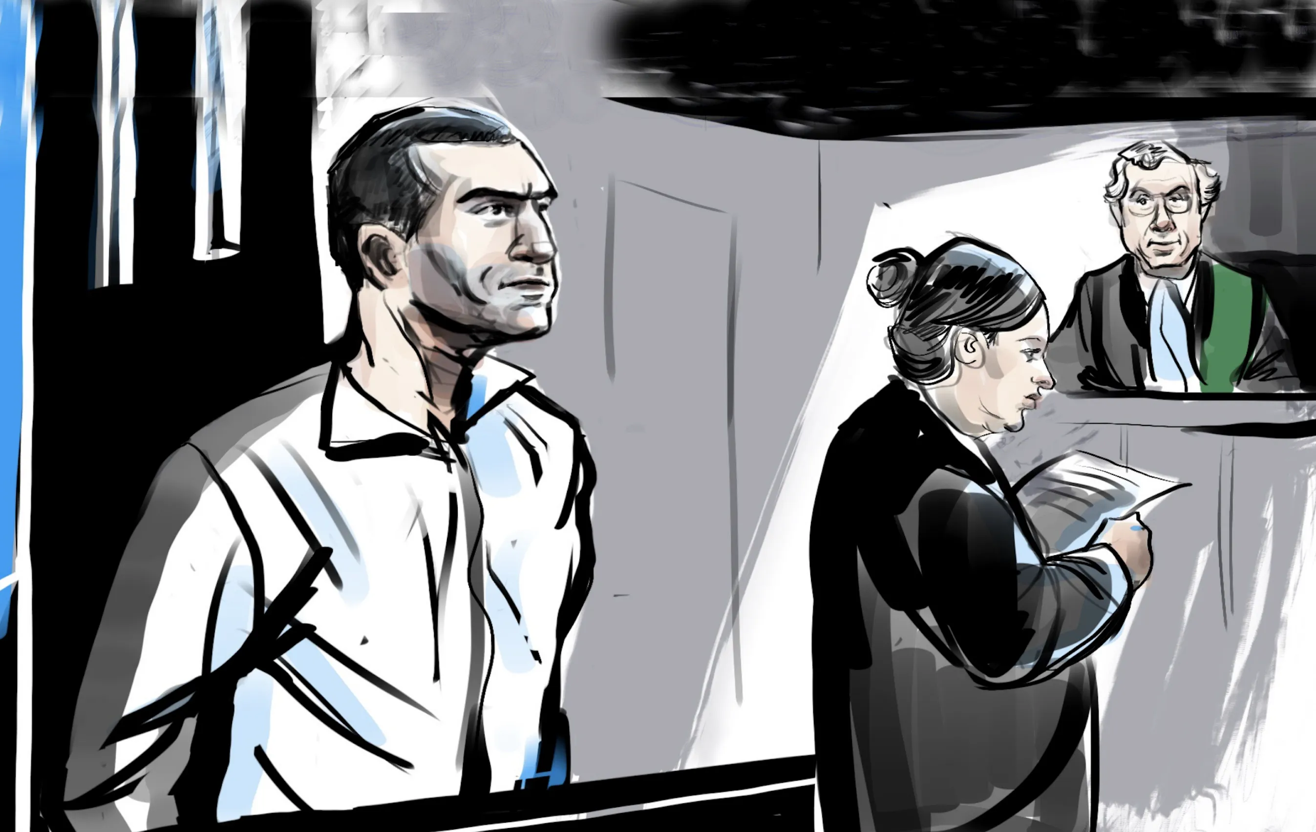Court sketch of Alek Minassian who appeared in court to face 10 charges of first-degree murder and 13 charges of attempted murder on April 24, 2018. CITYNEWS/Marianne Boucher