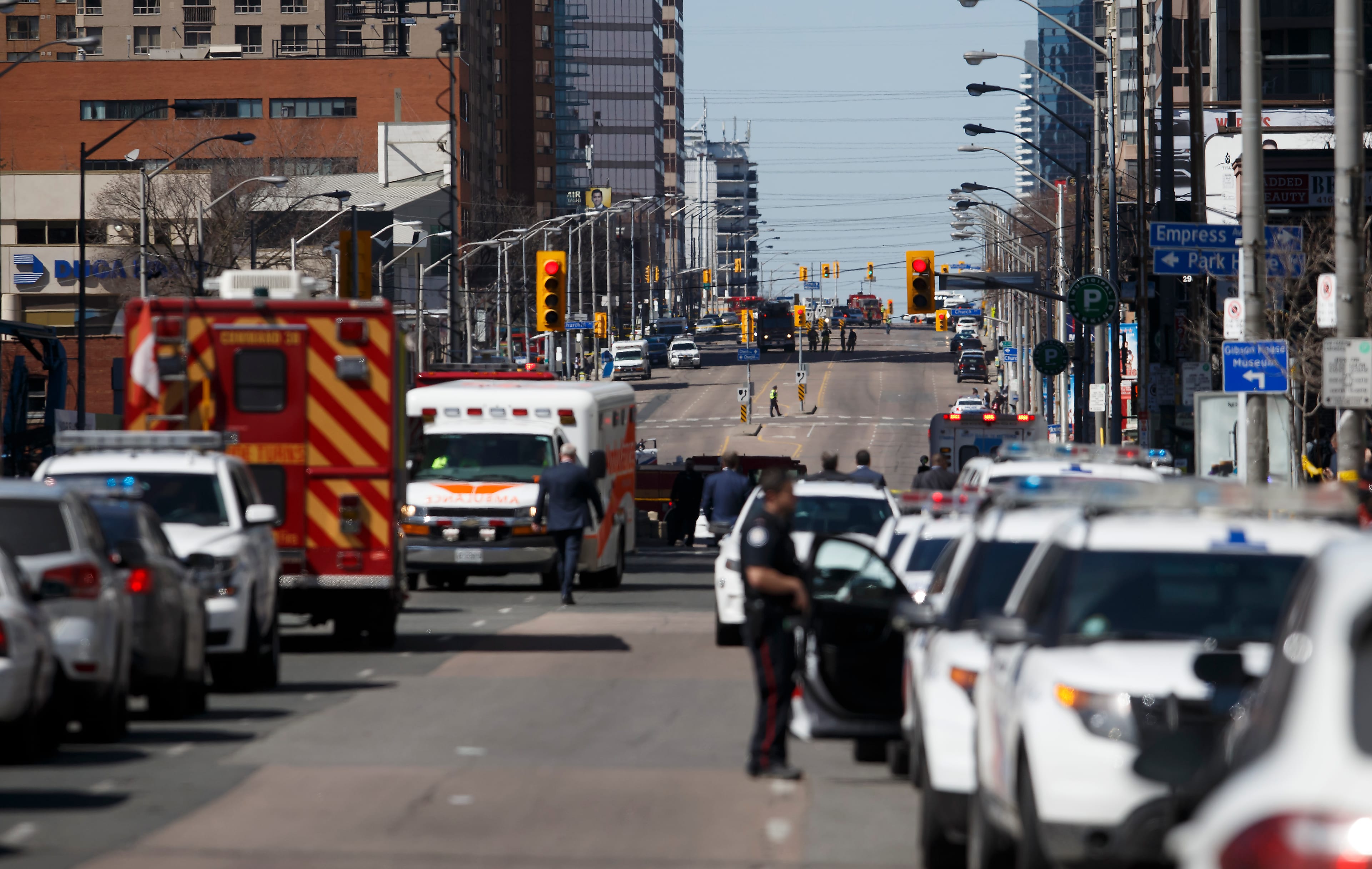 TORONTO, ON - APRIL 23: Law enforcement and first responders on scene at Yonge St. at Finch Ave. after a van plows into pedestrians April 23, 2018 in Toronto, Ontario, Canada. A suspect is in custody after a white van collided with multiple pedestrians. (Photo by Cole Burston/Getty Images)
