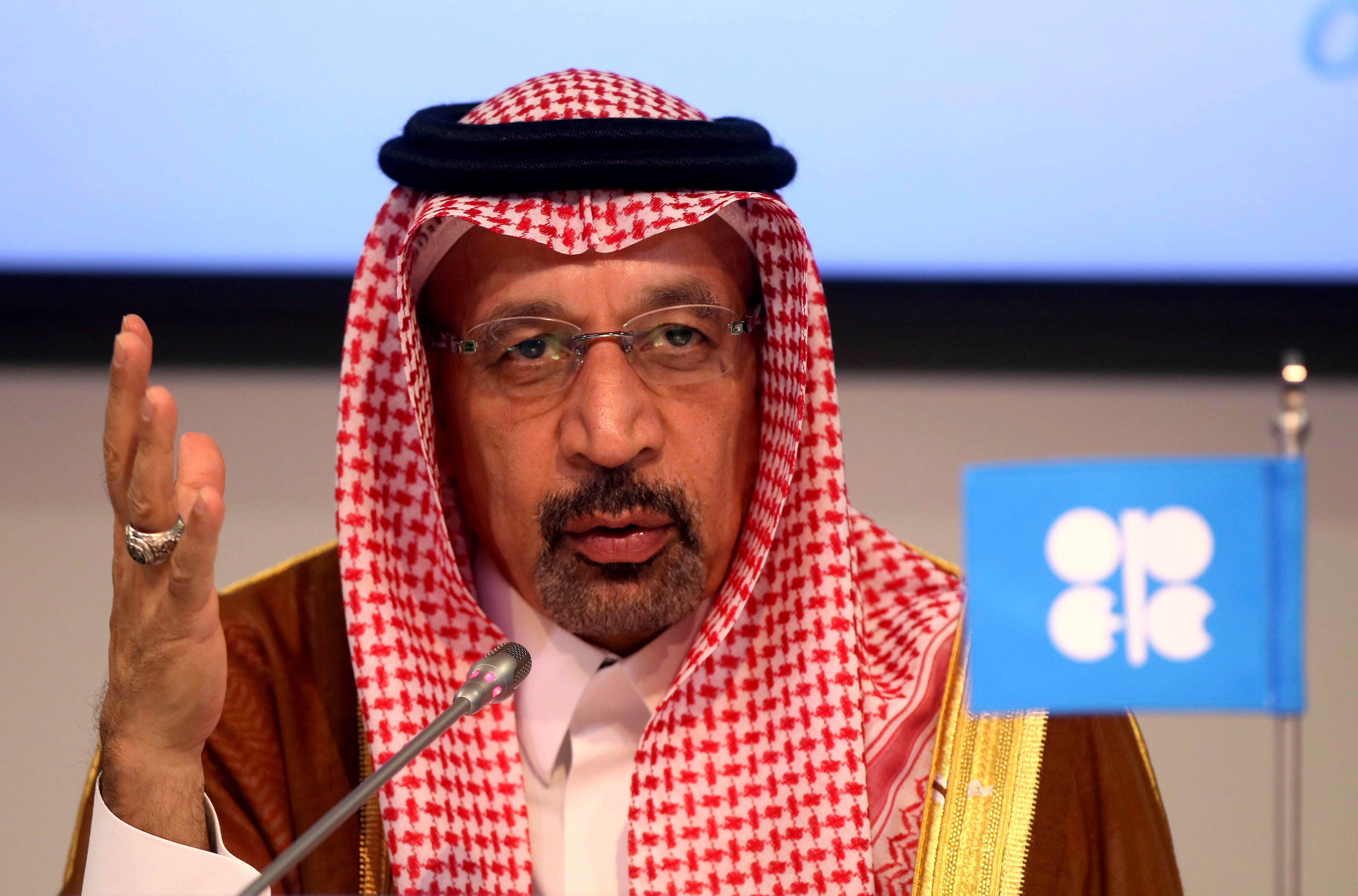 In this June 23, 2018 file photo, Khalid Al-Falih Minister of Energy, Industry and Mineral Resources of Saudi Arabia attends a news conference in Vienna, Austria. (AP Photo/Ronald Zak, File)