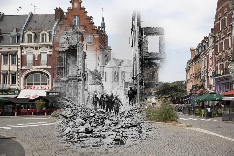Cambrai, France, 1918
Most of Cambrai was set on fire by the retreating Germans when the Canadians moved in to take the town. (Original: Pen and Sword Books/Getty Images; Modern: Photograph by Peter Macdiarmid)
