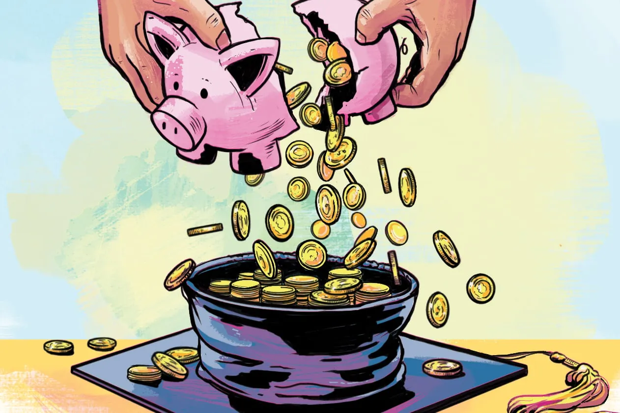 A drawing of two hands holding a broken pink piggy bank while gold coins fall into a purple bowl underneath