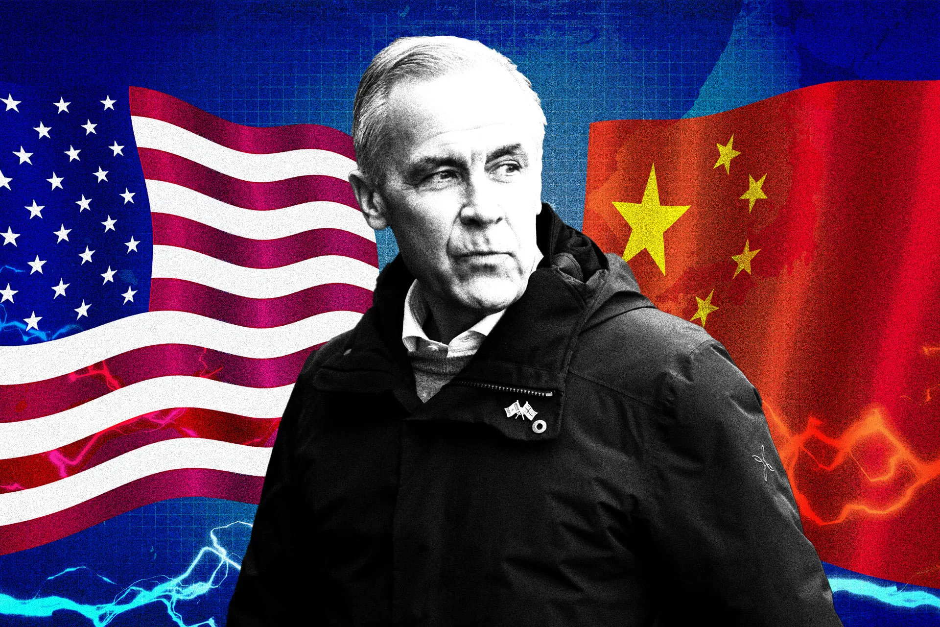 A portrait of Mark Carney sending in front of an American flag to his left, and Chinese flag to his right.