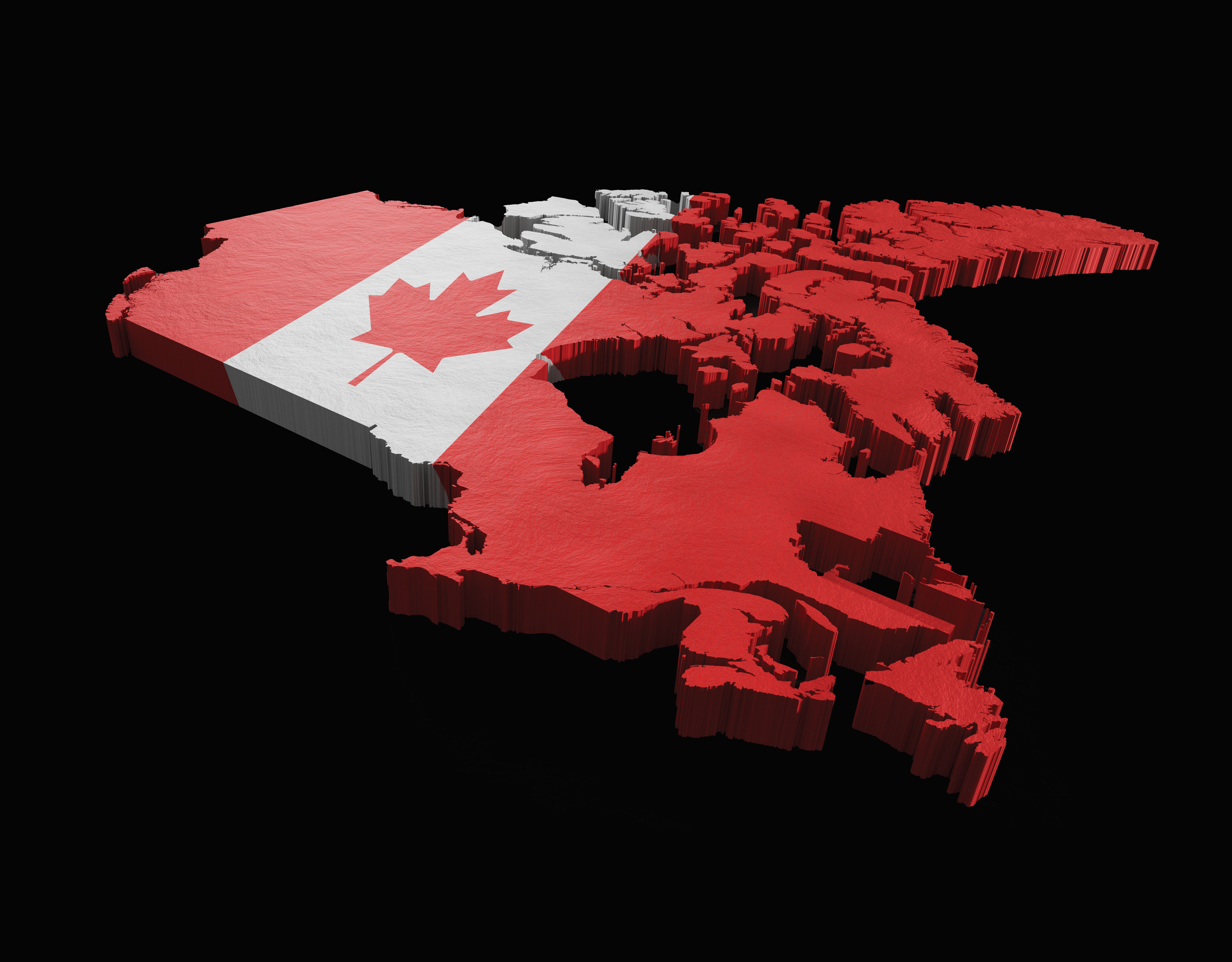 Image of Canadian flag is painted on a 3D Canadian map floating in the pitch black background.