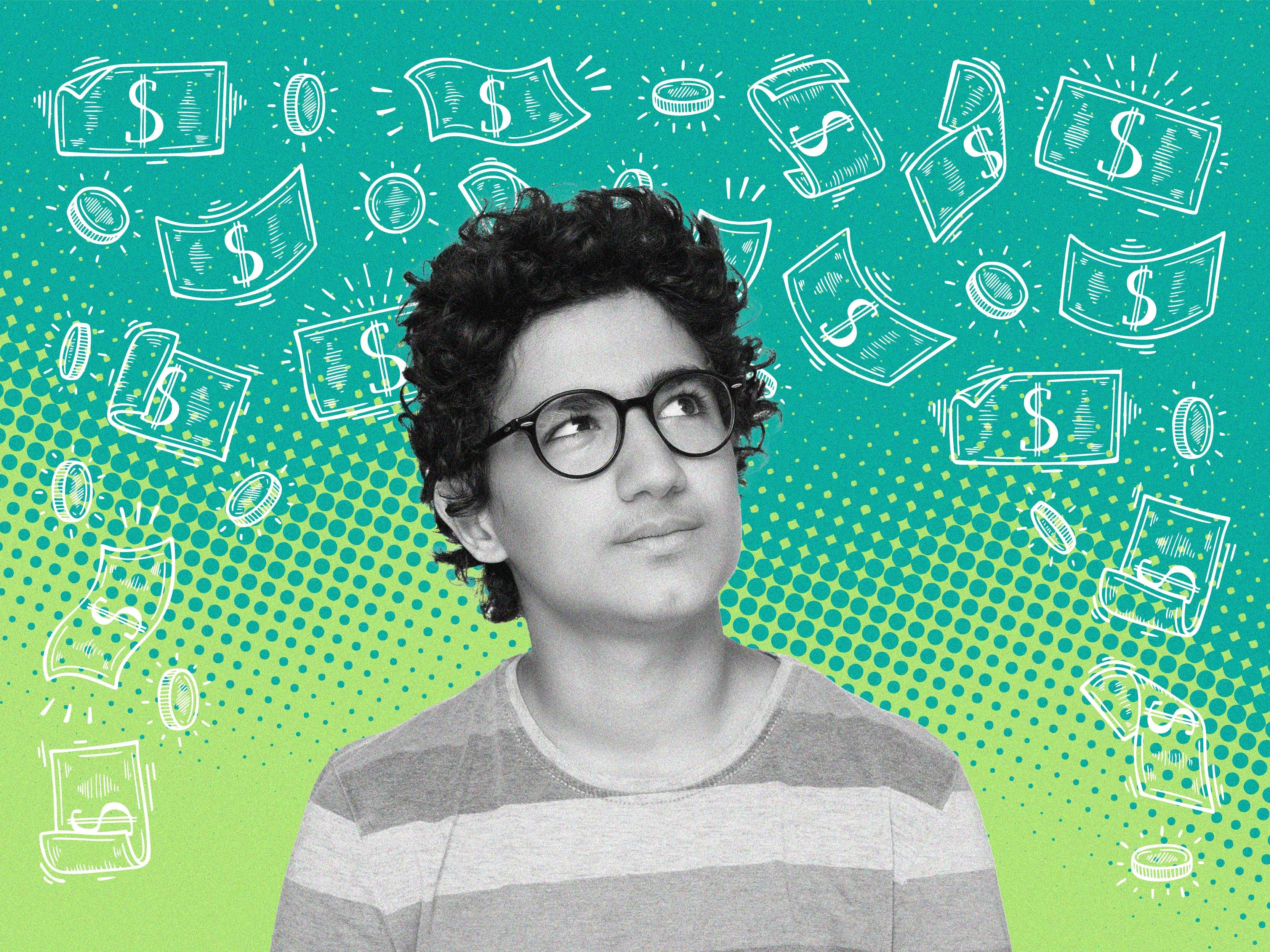 A young student thinking on an illustrated background with money and coins.