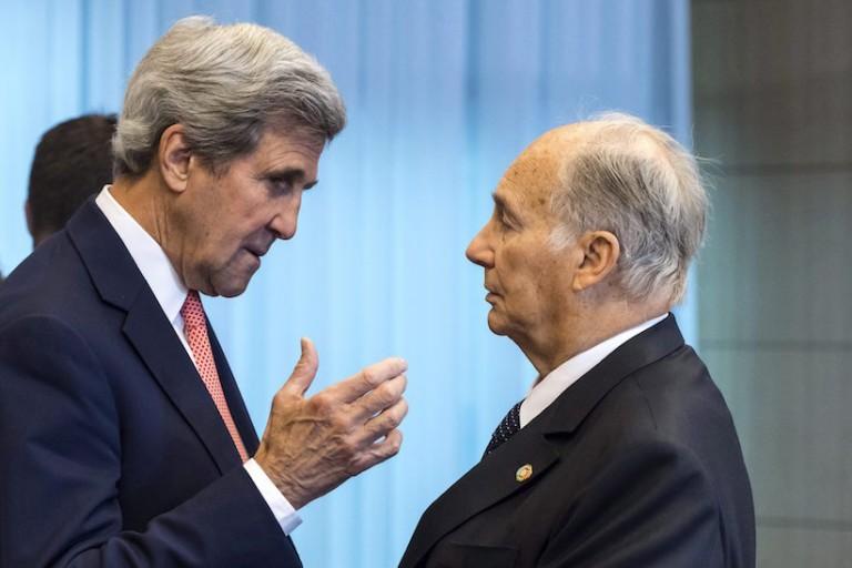 <p>U.S. Secretary of State John Kerry, left, talks with Prince Aga Khan during a Conference on Afghanistan in Brussels, Wednesday, Oct. 5, 2016. The two-day conference, hosted by the EU, will have the participation of over 70 countries to discuss the current situation in Afghanistan. (AP Photo/Geert Vanden Wijngaert)</p>
