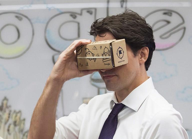 <p>Prime Minister Justin Trudeau takes part in a virtual reality demonstration at the new Google Canada Development headquarters in Kitchener, Ont., on Thursday, January 14, 2016. (Nathan Denette/The Canadian Press)</p>
